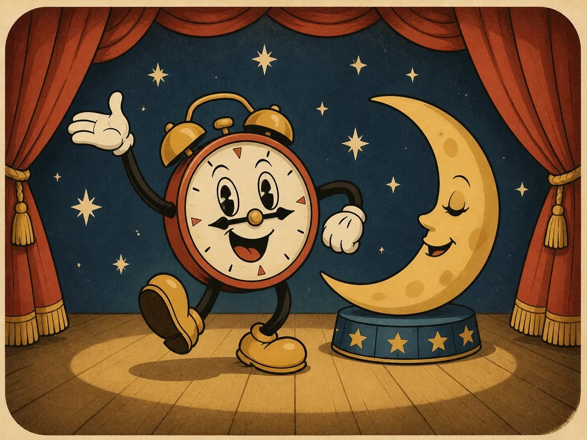 Original rubber-hose alarm clock character dancing on a vintage stage