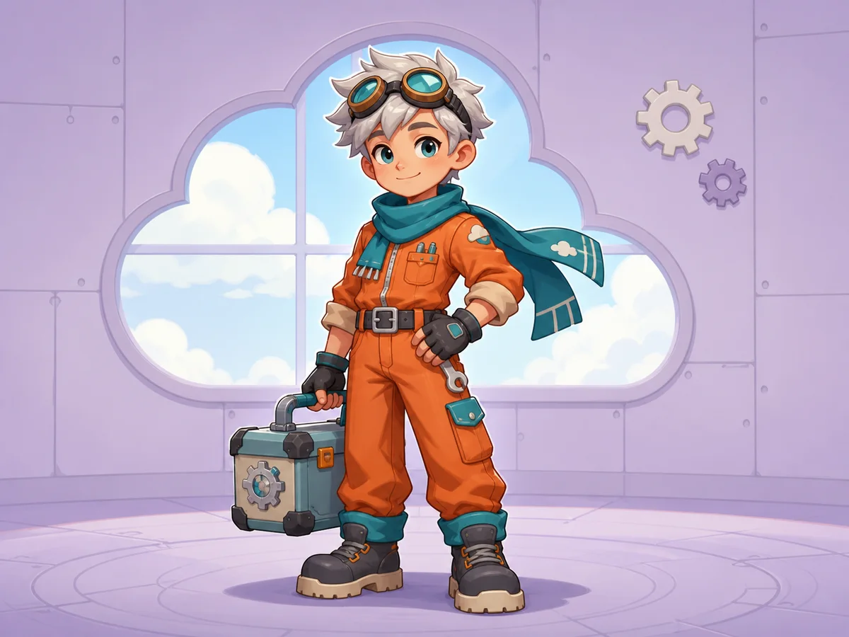 Complete original cloud mechanic cartoon character carrying a tool case
