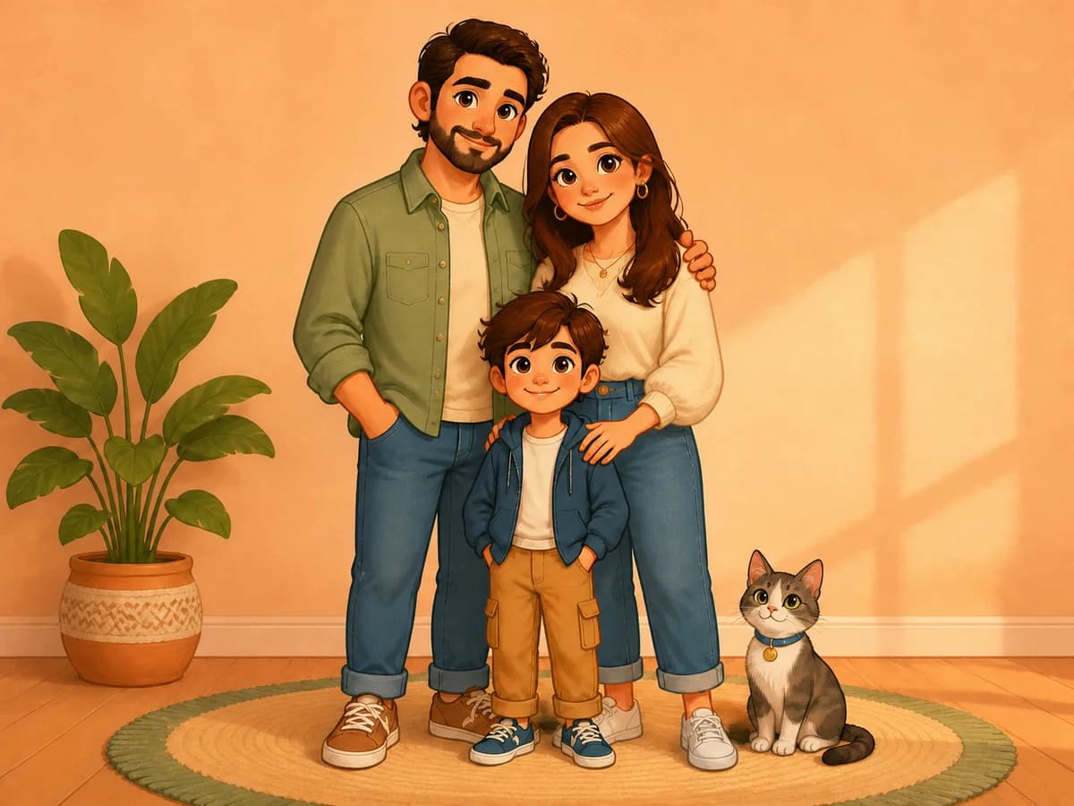 Complete warm cartoon family portrait with two parents, one child, and a cat