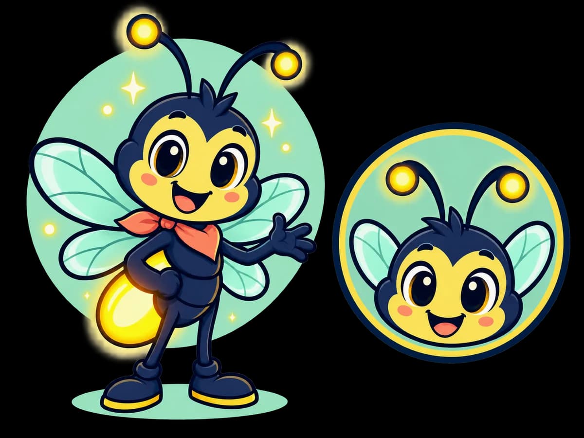 Complete original firefly mascot shown beside its matching circular logo mark