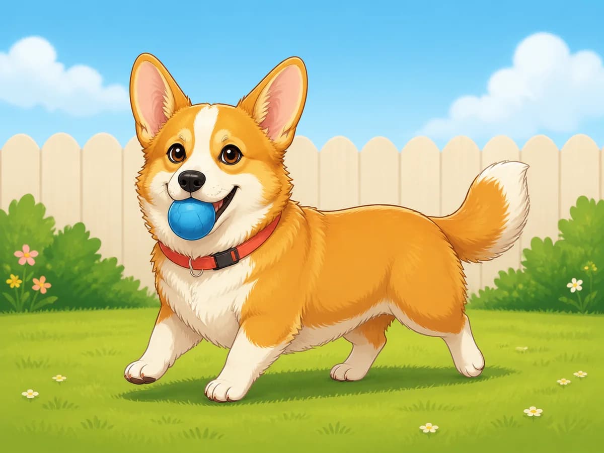 Complete cartoon corgi carrying a blue ball in a sunny backyard