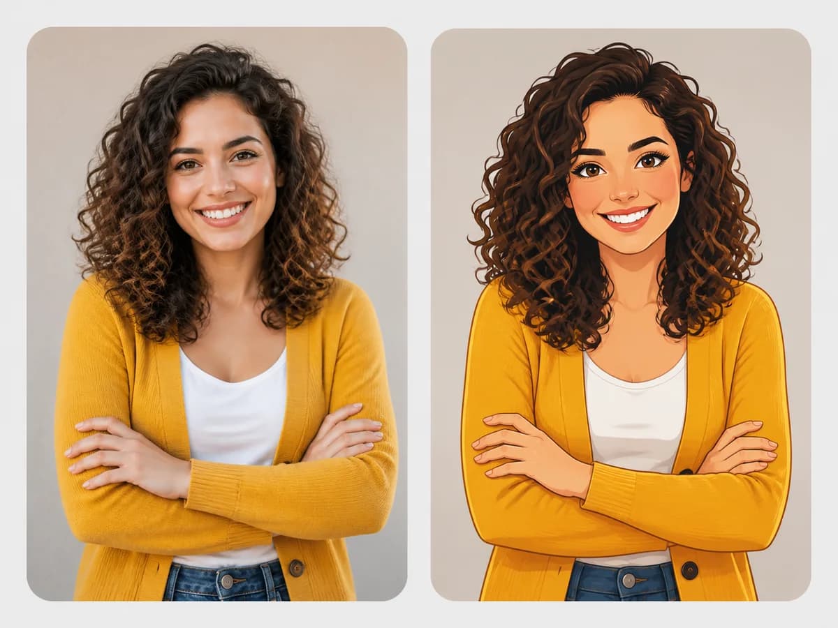 Matched natural portrait and polished cartoon transformation shown side by side