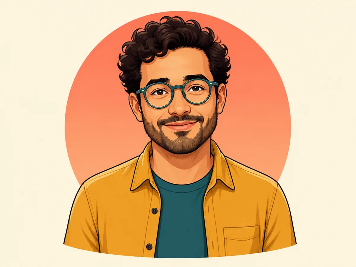 Complete square-ready cartoon profile portrait with teal glasses and a simple backdrop