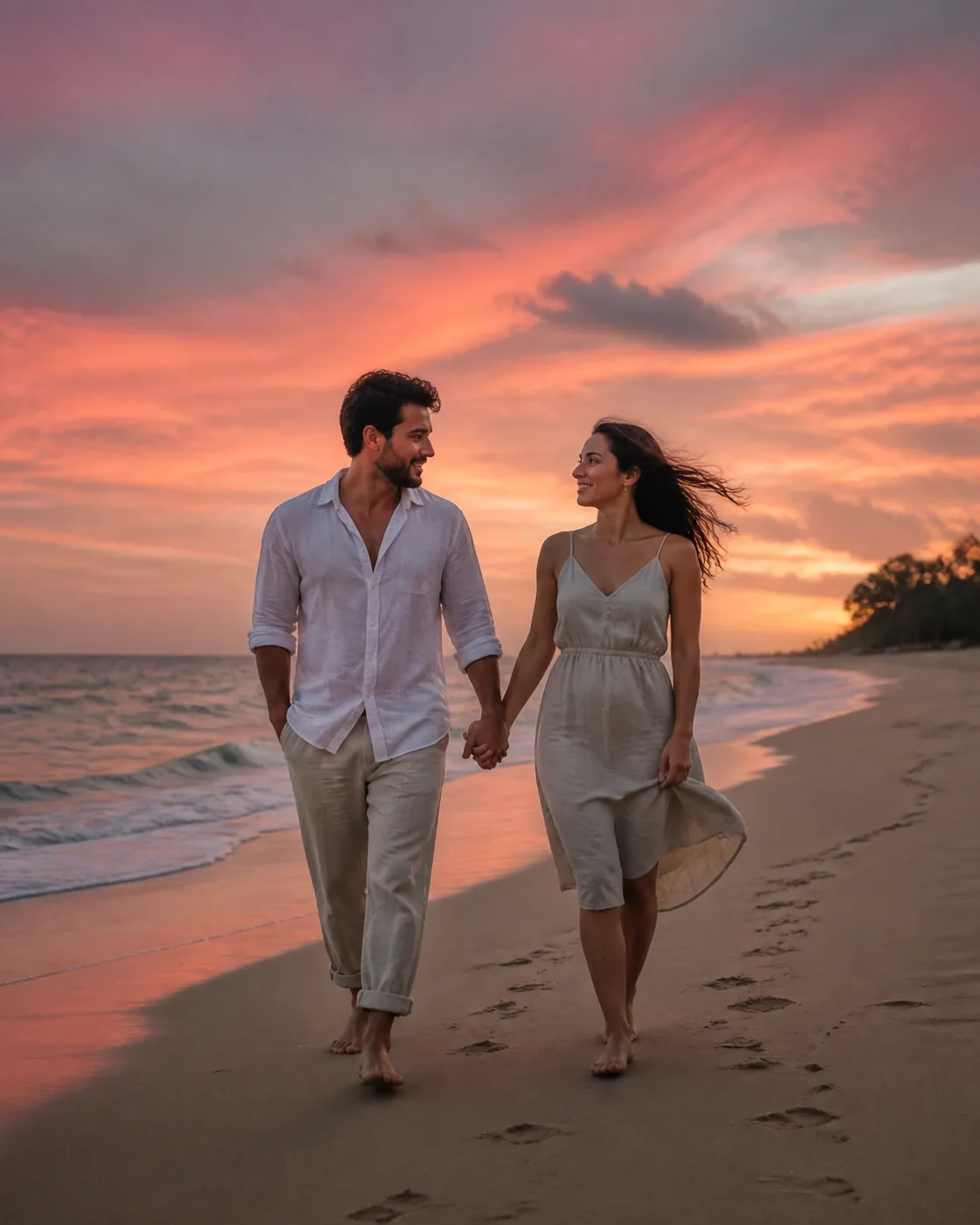 A fictional adult couple embracing on a quiet shoreline at sunset, sea breeze moving their light clothing, golden backlight, 
