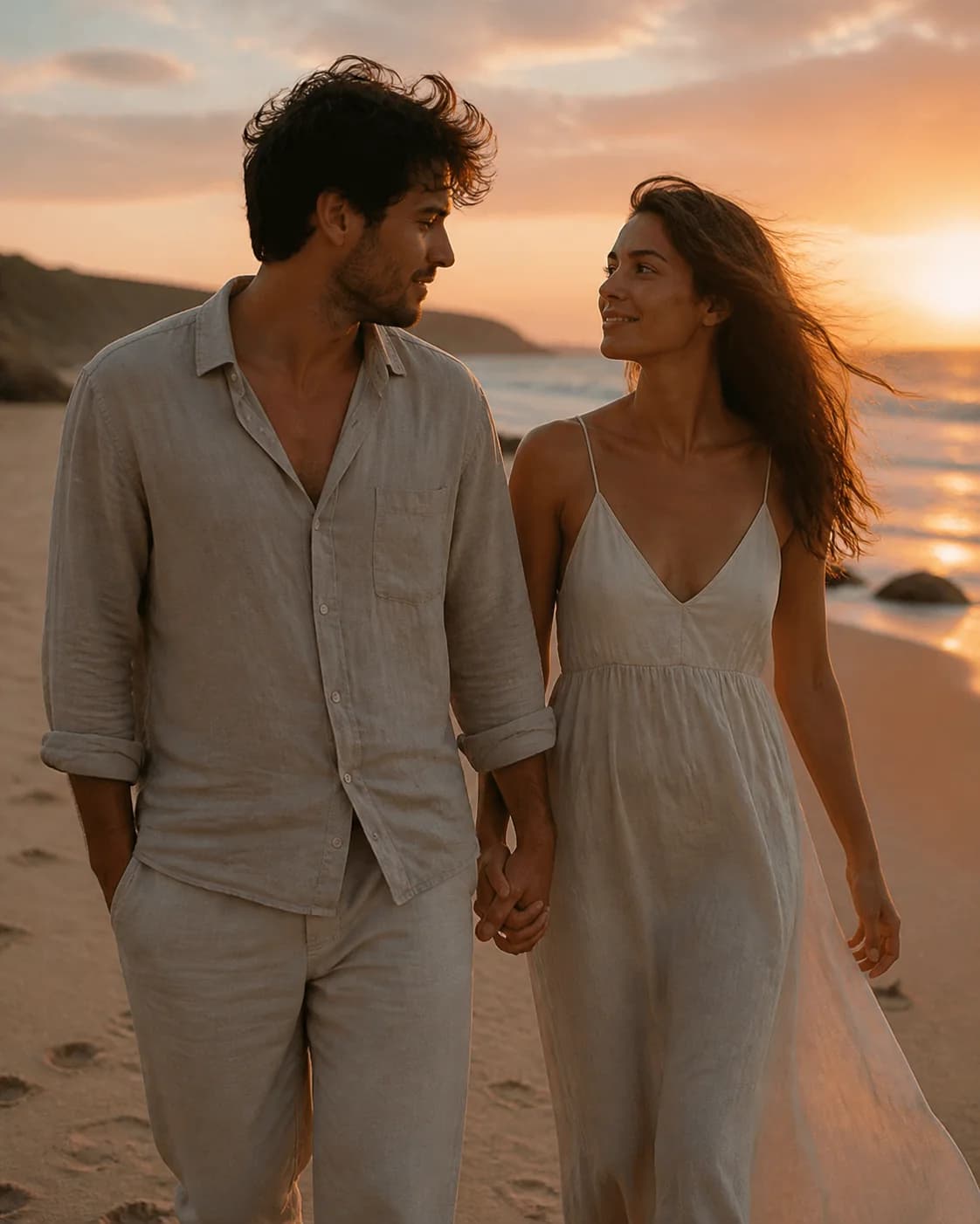 A couple walking hand in hand along a quiet beach at sunset, wind moving their hair and relaxed neutral clothing, a candid af