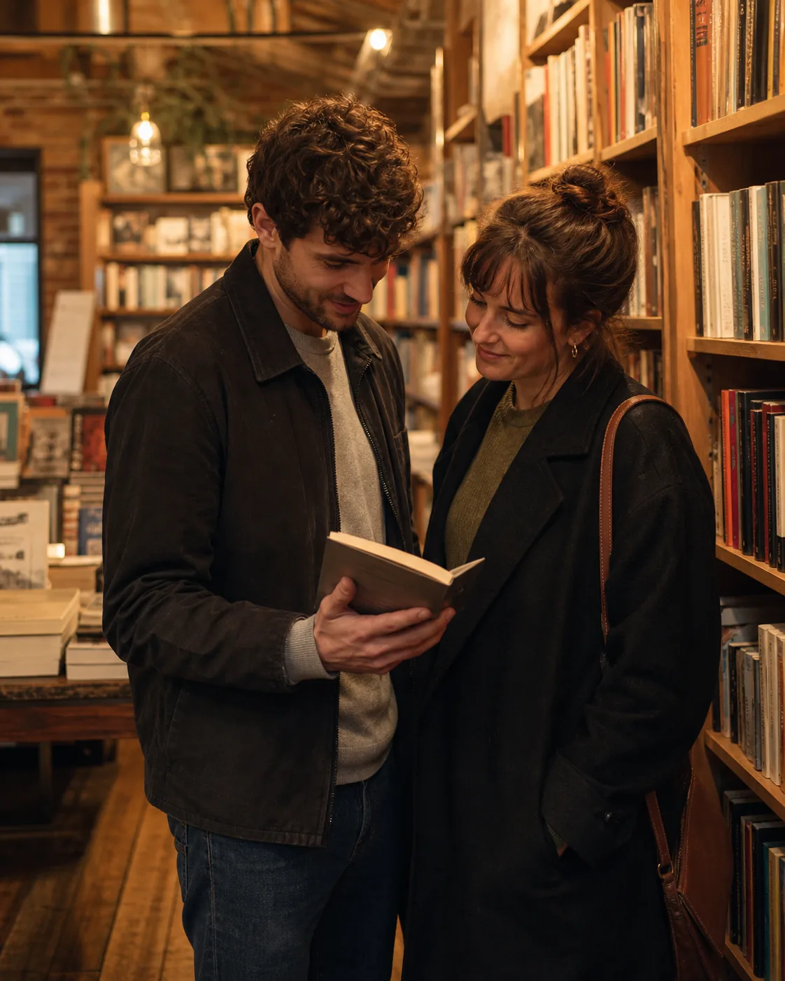 AI prompt for couples real output: A fictional adult couple browsing a book together in a quiet independent bookstore, warm l