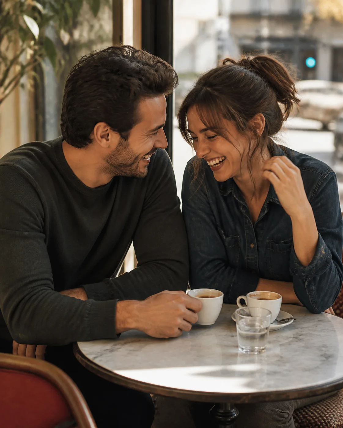 A fictional adult couple sharing coffee and laughing naturally in a warm café, soft window light, a cream-and-wood interior, 