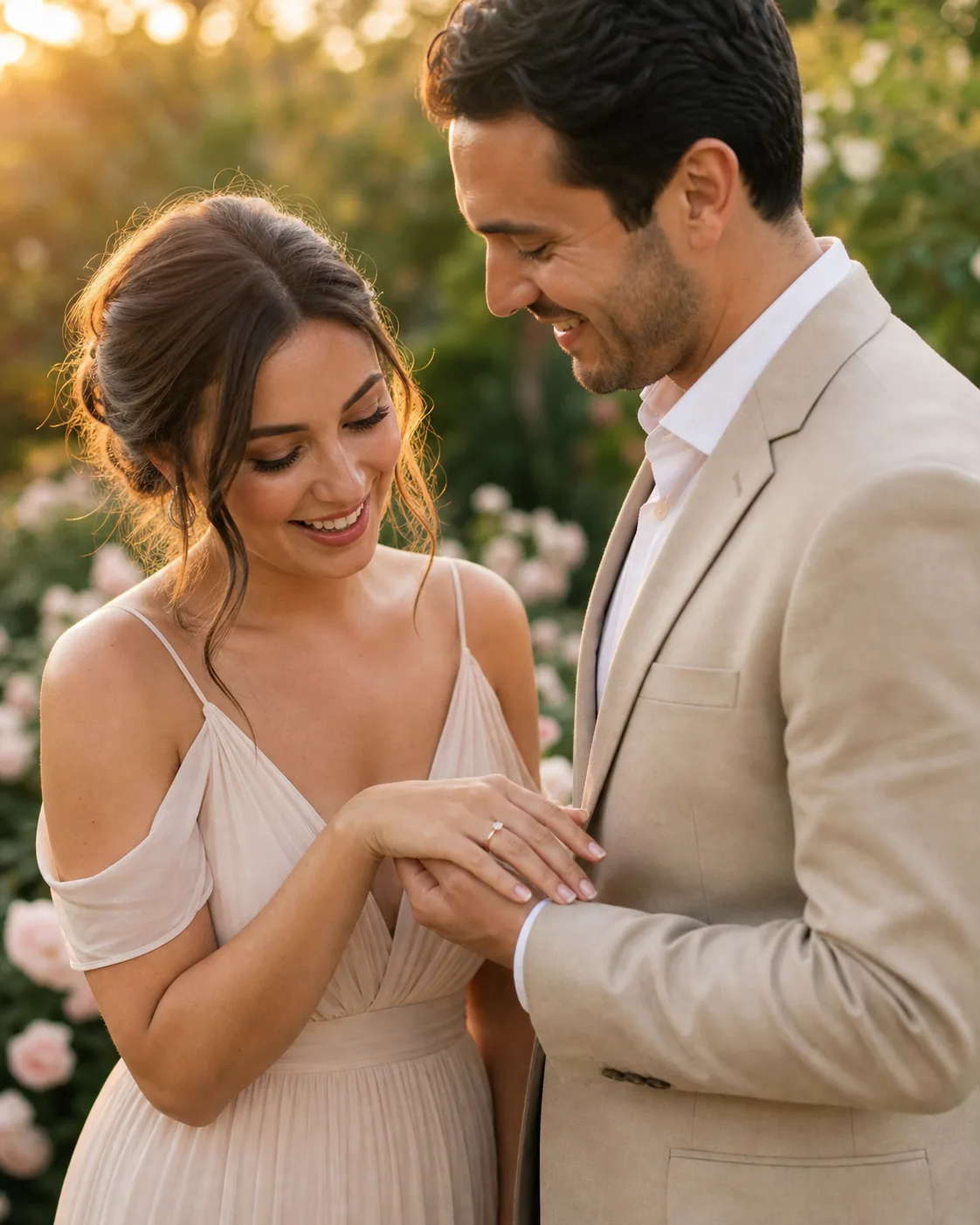 A fictional adult couple celebrating their engagement in a blooming garden, standing close and smiling naturally, soft mornin