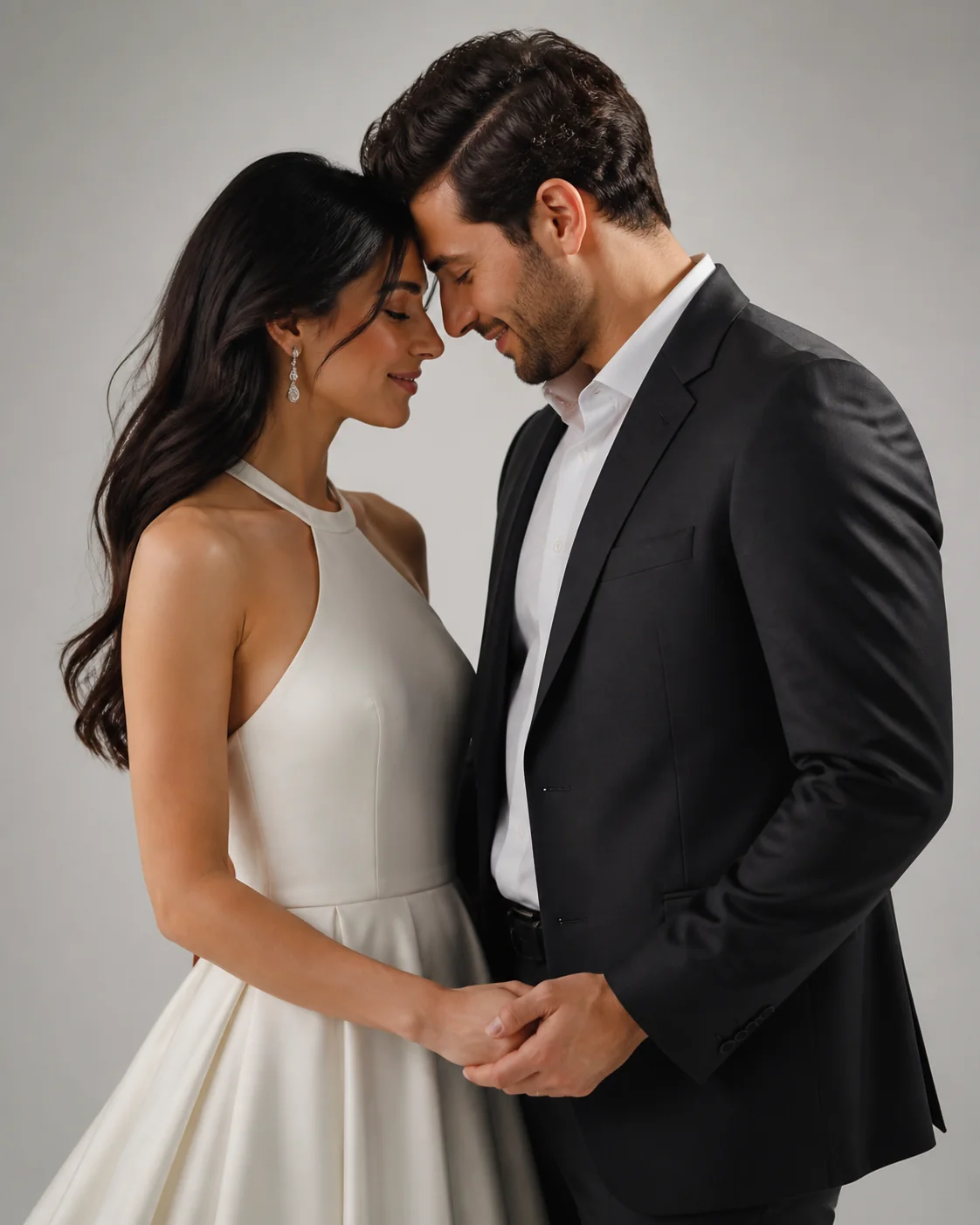 An elegant engagement portrait of a couple in a minimal light-gray studio, standing close with foreheads gently touching and 