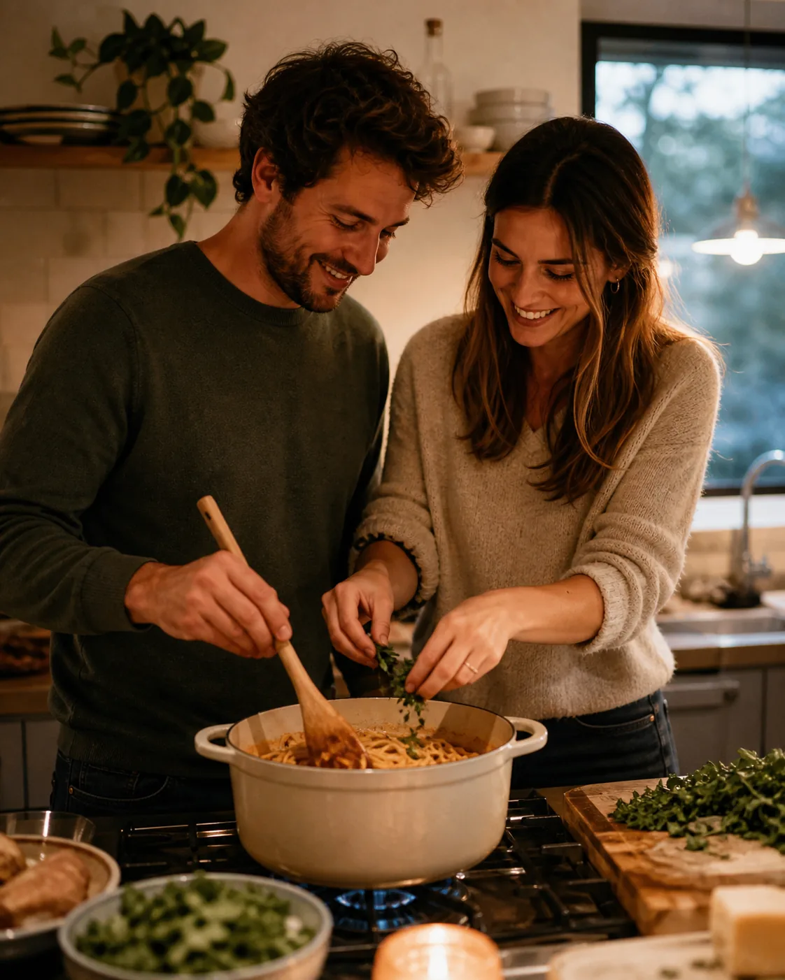 A fictional adult couple cooking together in a bright home kitchen, sharing an easy laugh, natural morning light, pale-wood s