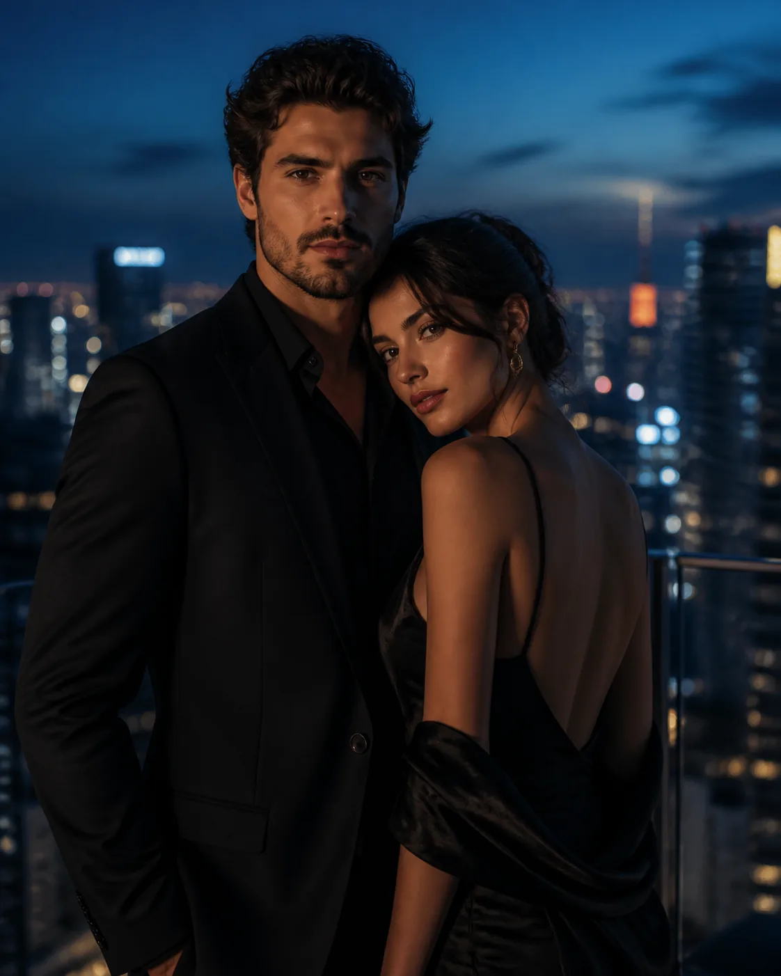 A stylish fictional adult couple standing close on a rooftop at night, distant city lights forming soft bokeh, dark evening c