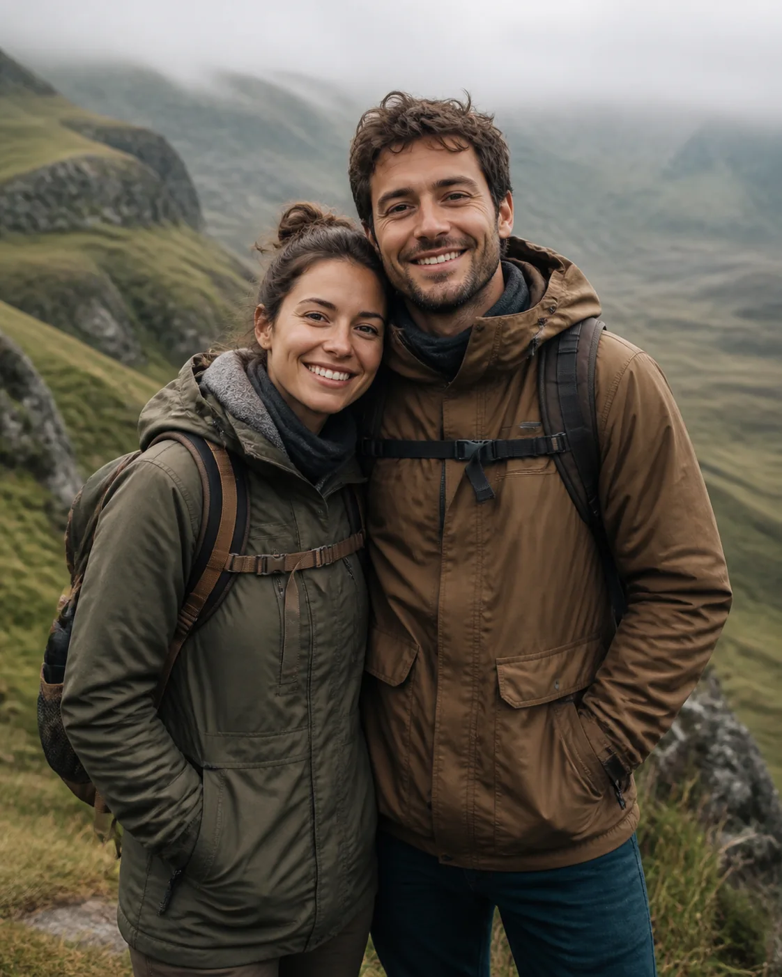 A young couple posing shoulder to shoulder after a hike in a quiet misty highland landscape, tasteful earth-tone jackets and 