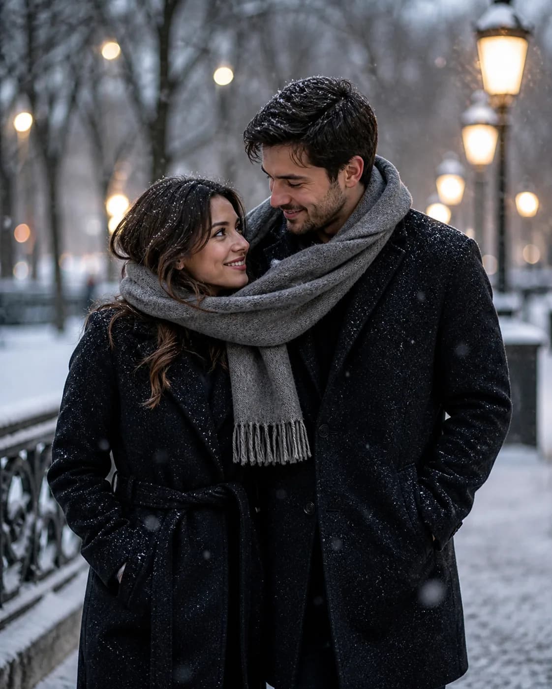 A fictional adult couple in warm coats walking hand in hand along a quiet snow-covered street, soft winter daylight, natural 