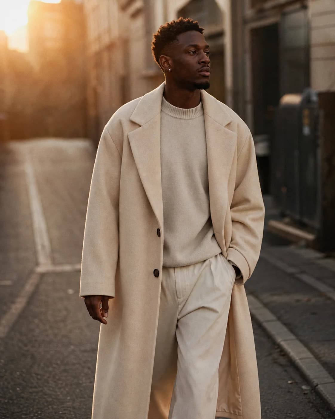 AI prompt for men real output: A fictional adult Black man in his late 20s wearing an oversized beige coat over minimalist ne