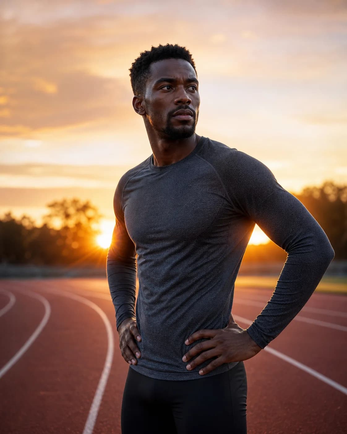 A fictional adult male athlete preparing to sprint on a track at dawn, unbranded athletic clothing, cool morning mist, a low 