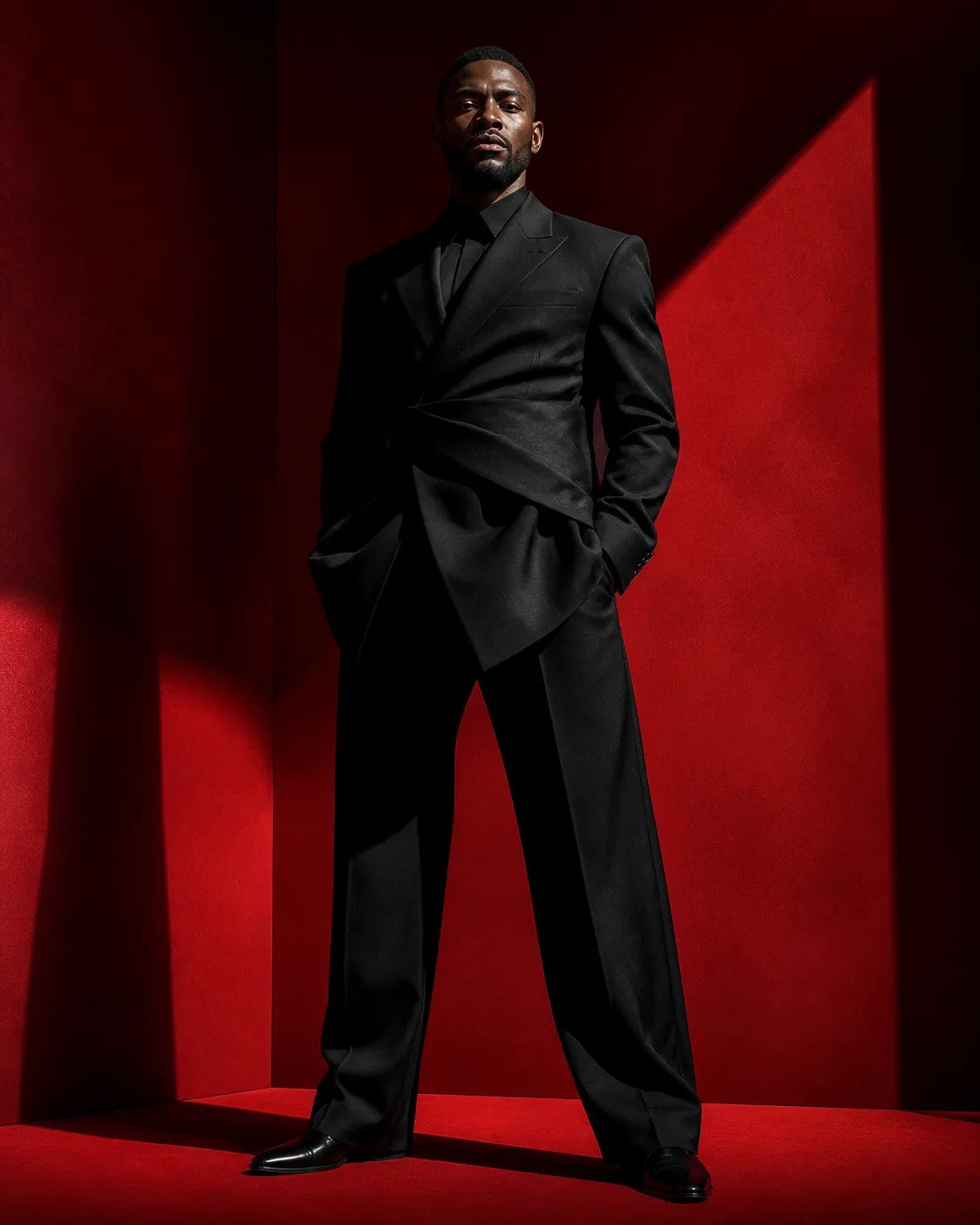 A fictional adult man in a black turtleneck standing in a bold red studio, strong graphic light and shadow, a confident pose,