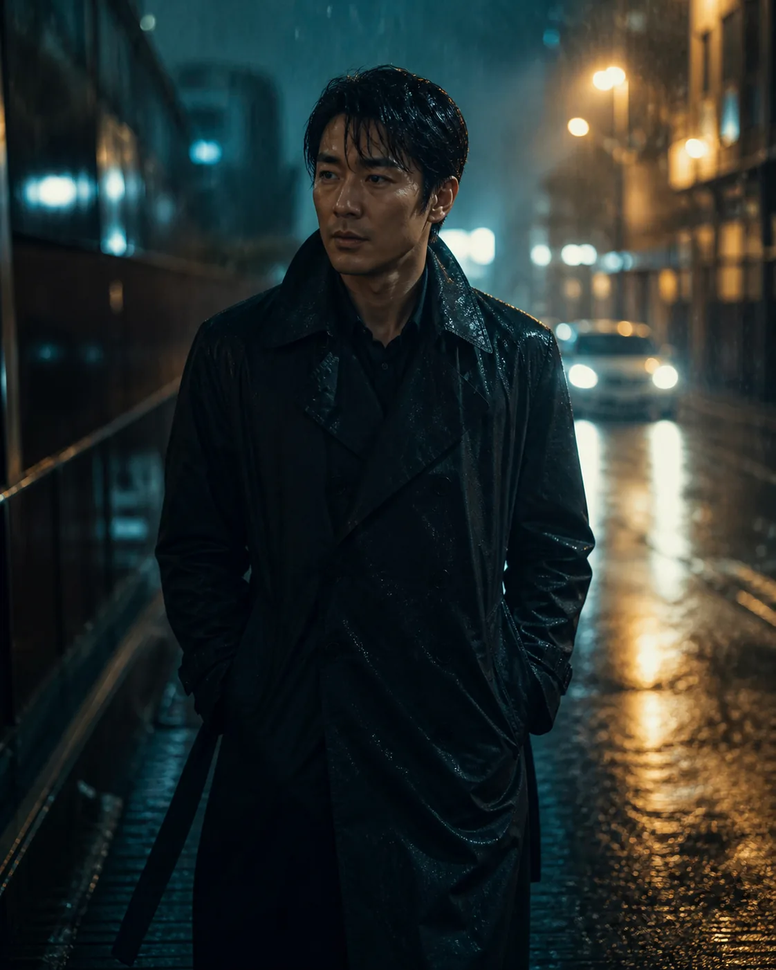 A fictional adult man in a dark coat standing on a rainy city street at night, neon reflections, dramatic rim light, a moody 