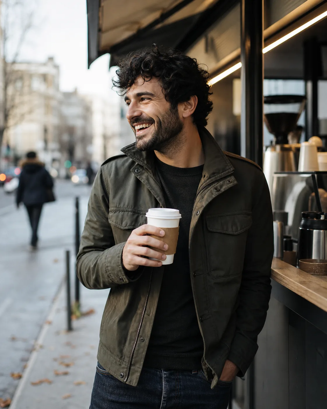 A fictional adult man drinking coffee beside a corner-café window, a relaxed natural expression, soft overcast light, candid 