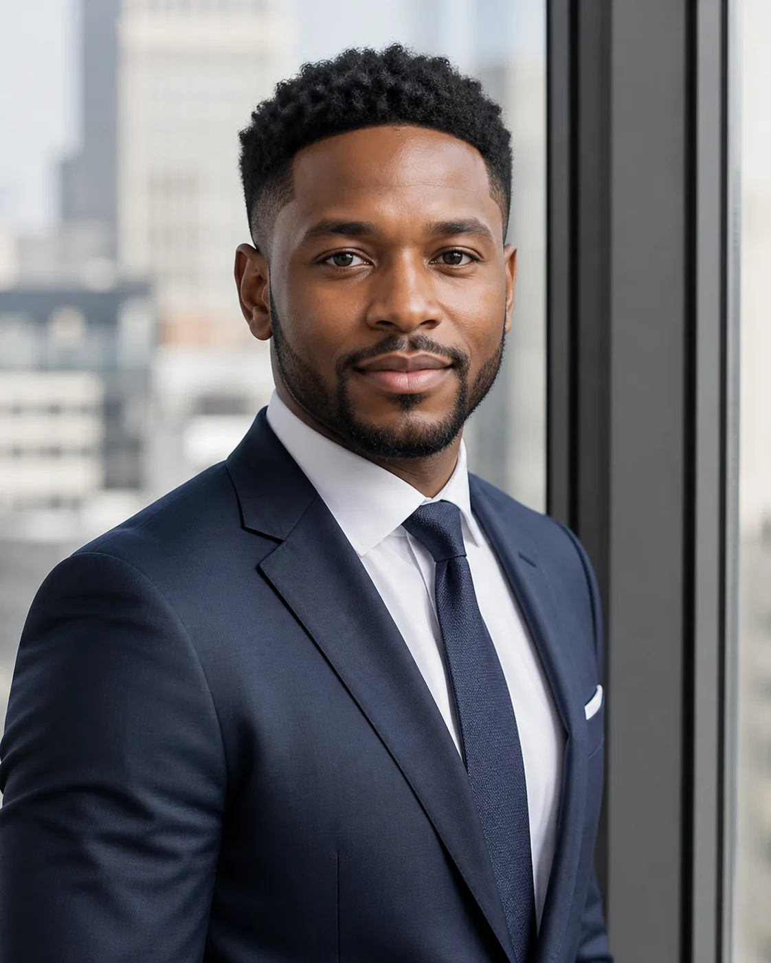 A fictional adult man in a navy suit beside a modern office window, a calm approachable expression, soft side daylight, a blu