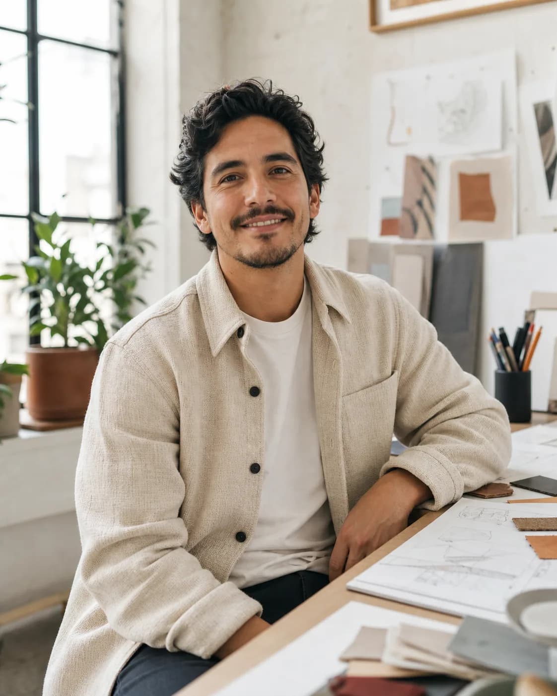 A fictional adult male creative seated in a bright design studio wearing simple knitwear, natural window light, a pale-wood d