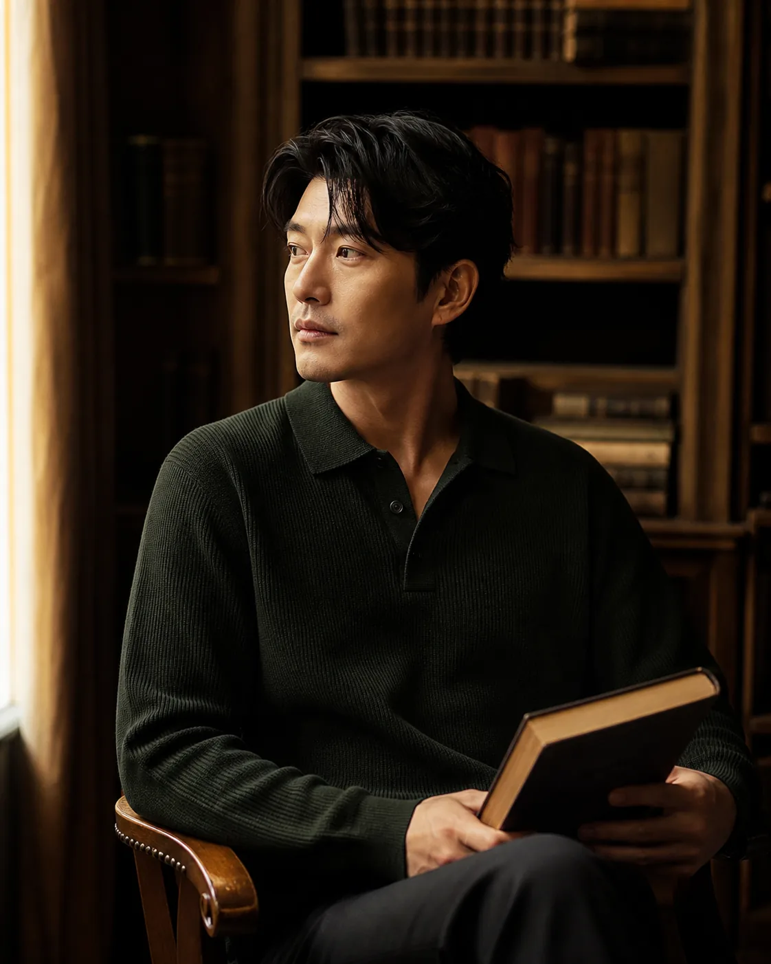 A fictional adult man reading quietly in a traditional wood-paneled library, wearing a dark-green jacket, warm lamps, shallow