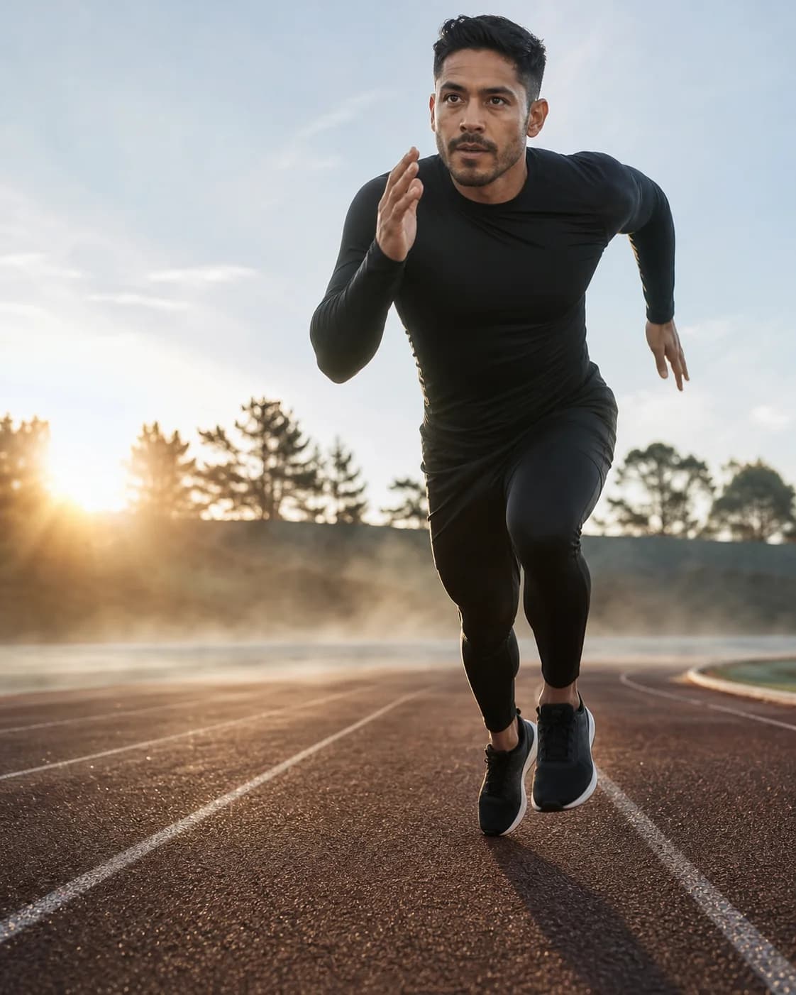 A fictional adult Latino man in his late 20s wearing unbranded dark athletic clothing, sprinting on an outdoor track at dawn,
