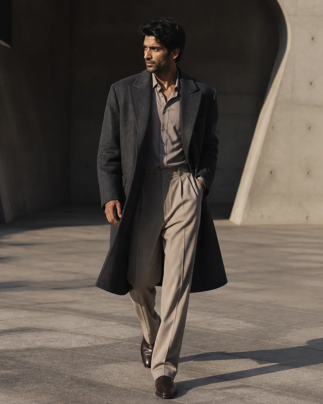 A fictional adult man in modern relaxed tailoring walking past minimalist urban architecture, clean geometric lines, soft sha