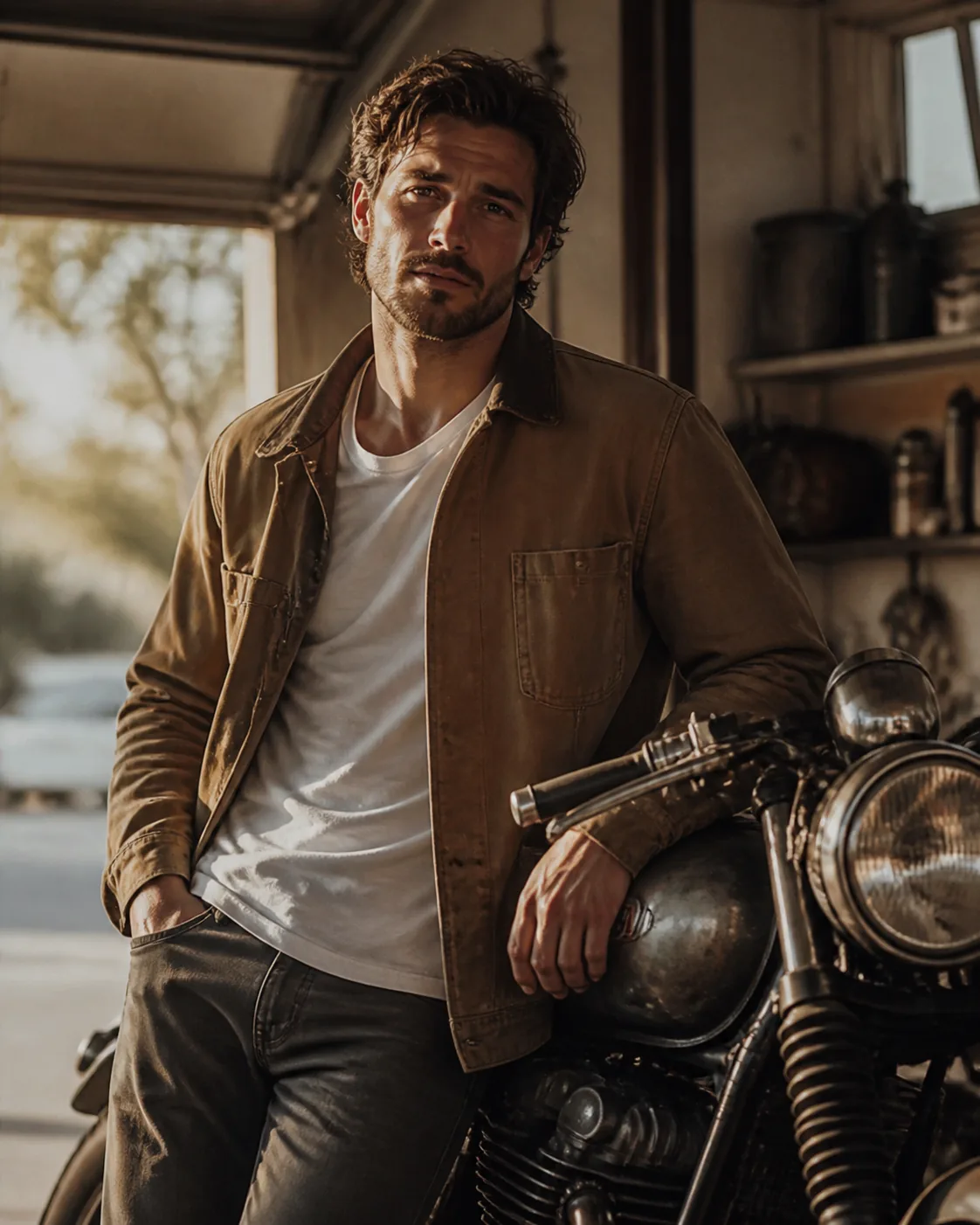 A fictional adult man in a brown workwear jacket inside a vintage car garage, warm tungsten light, subtle film grain, realist