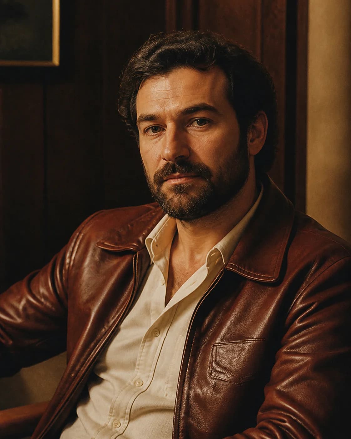 A fictional adult man in his late 30s with a neatly trimmed beard, wearing a brown leather jacket over a cream shirt in a sim