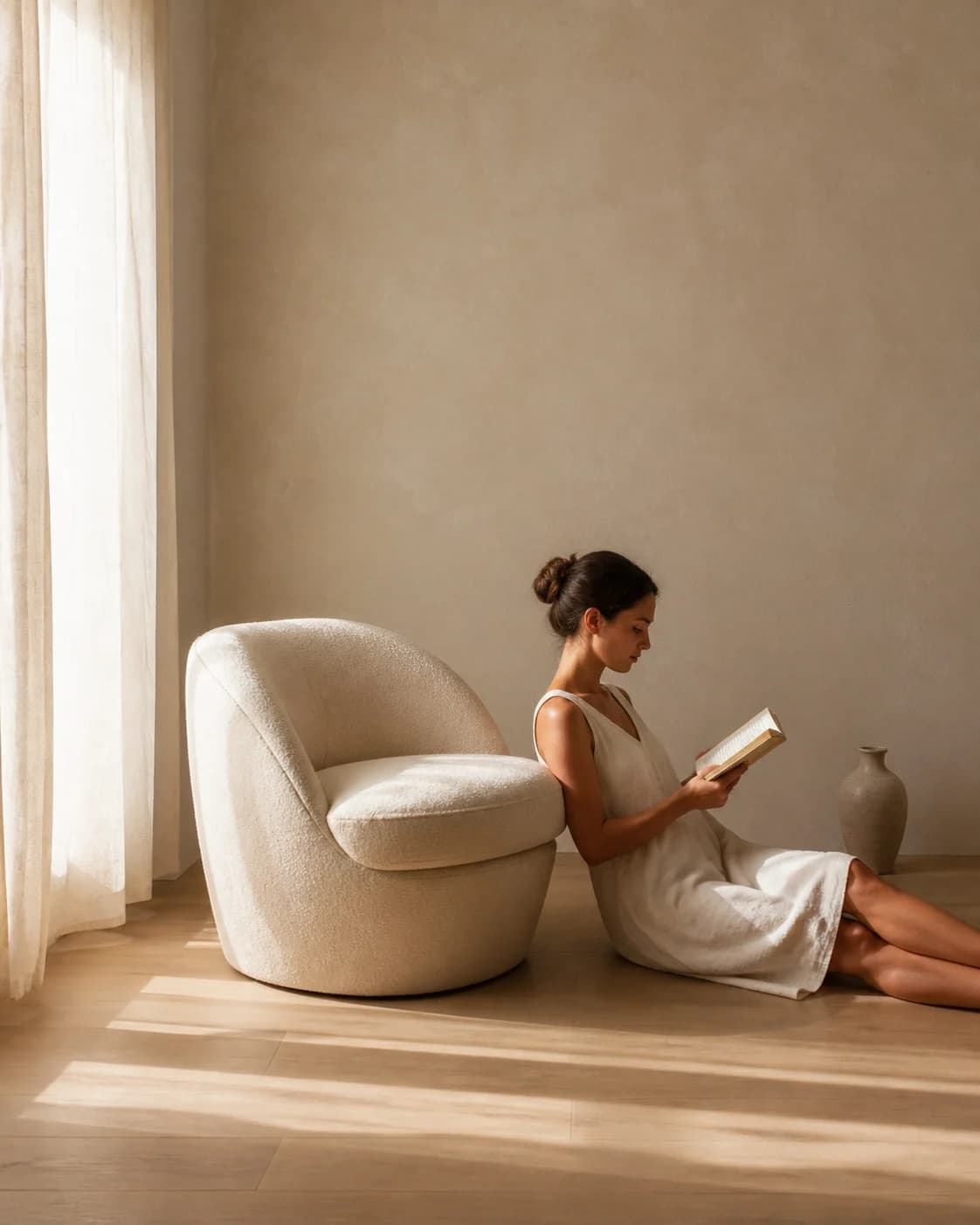 Minimalist aesthetic lifestyle photograph of a fictional adult woman reading quietly beside one sculptural chair in a serene 