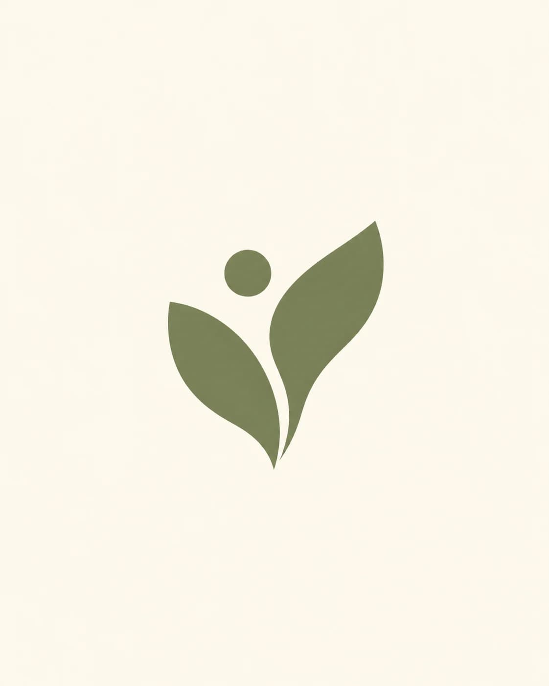 Original minimalist botanical logo concept, a compact abstract leaf symbol built from two clean olive-green geometric curves 