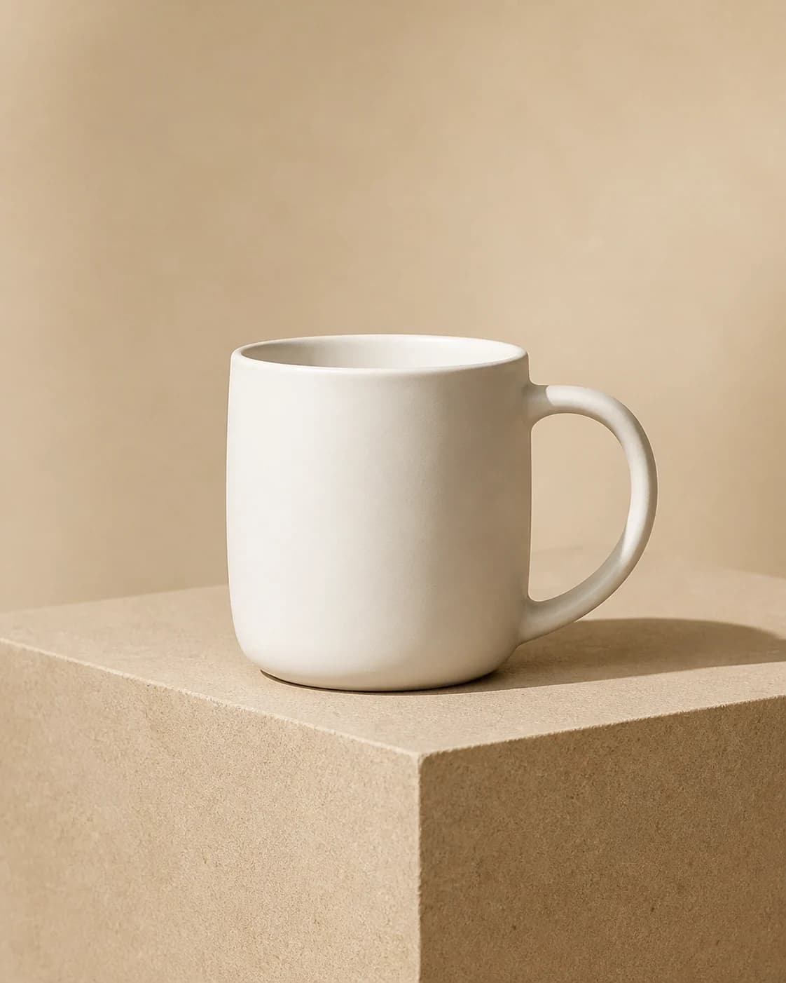 Minimalist product photo of one matte white ceramic mug on a warm beige pedestal, a single focal subject, large clean negativ