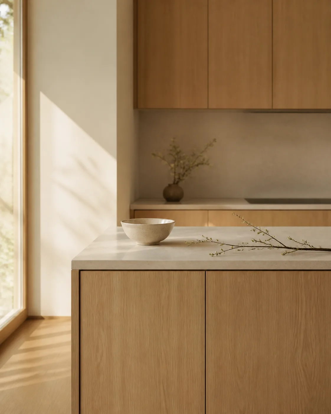 Minimalist lifestyle photograph of a serene light-oak kitchen with one ceramic bowl and one branch on the counter, warm morni