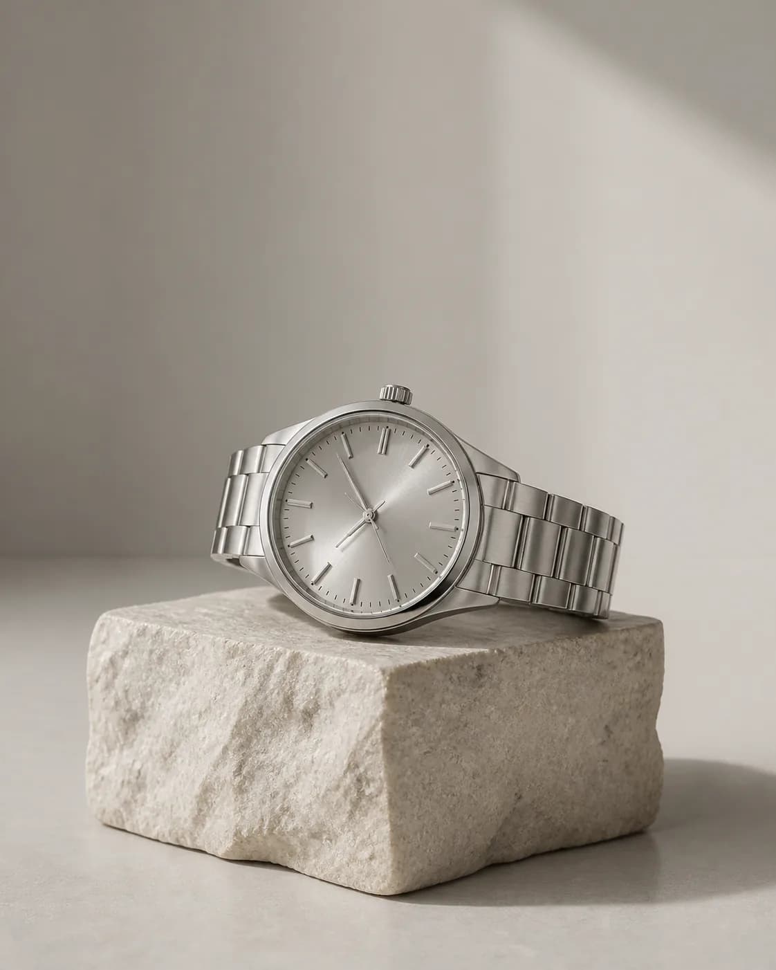 Minimalist luxury product photograph of an unbranded silver wristwatch on a pale stone block, soft directional light, a warm-