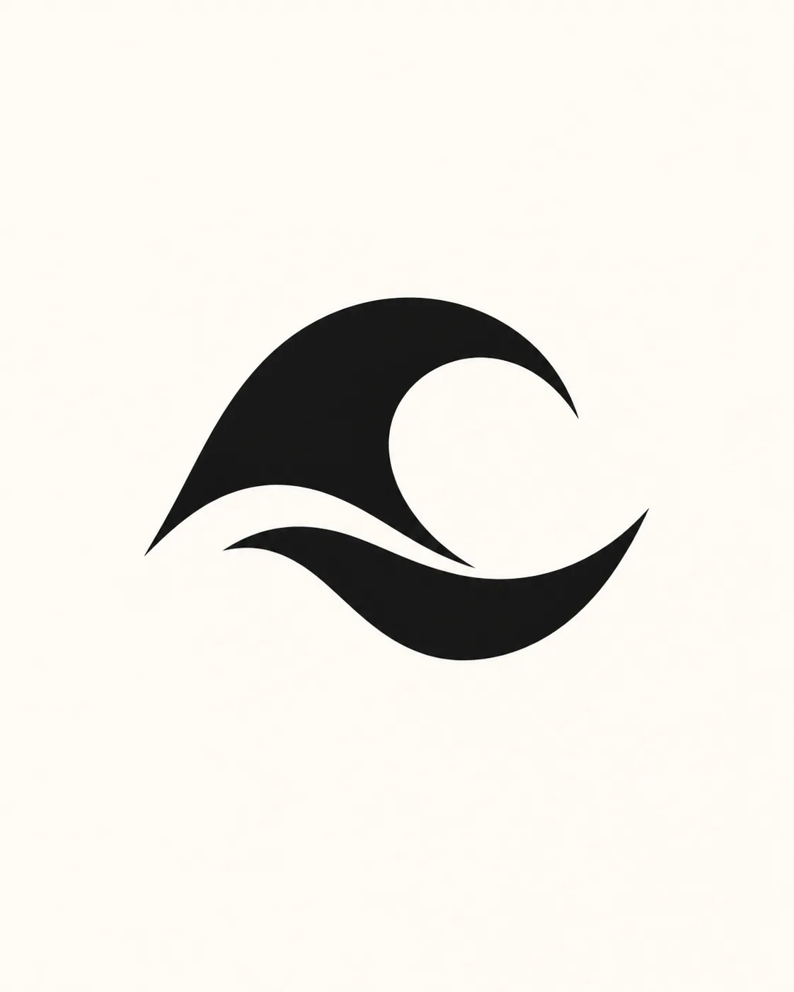 An original minimalist wave symbol formed by two smooth black curved shapes, centered on a warm-white background, crisp vecto
