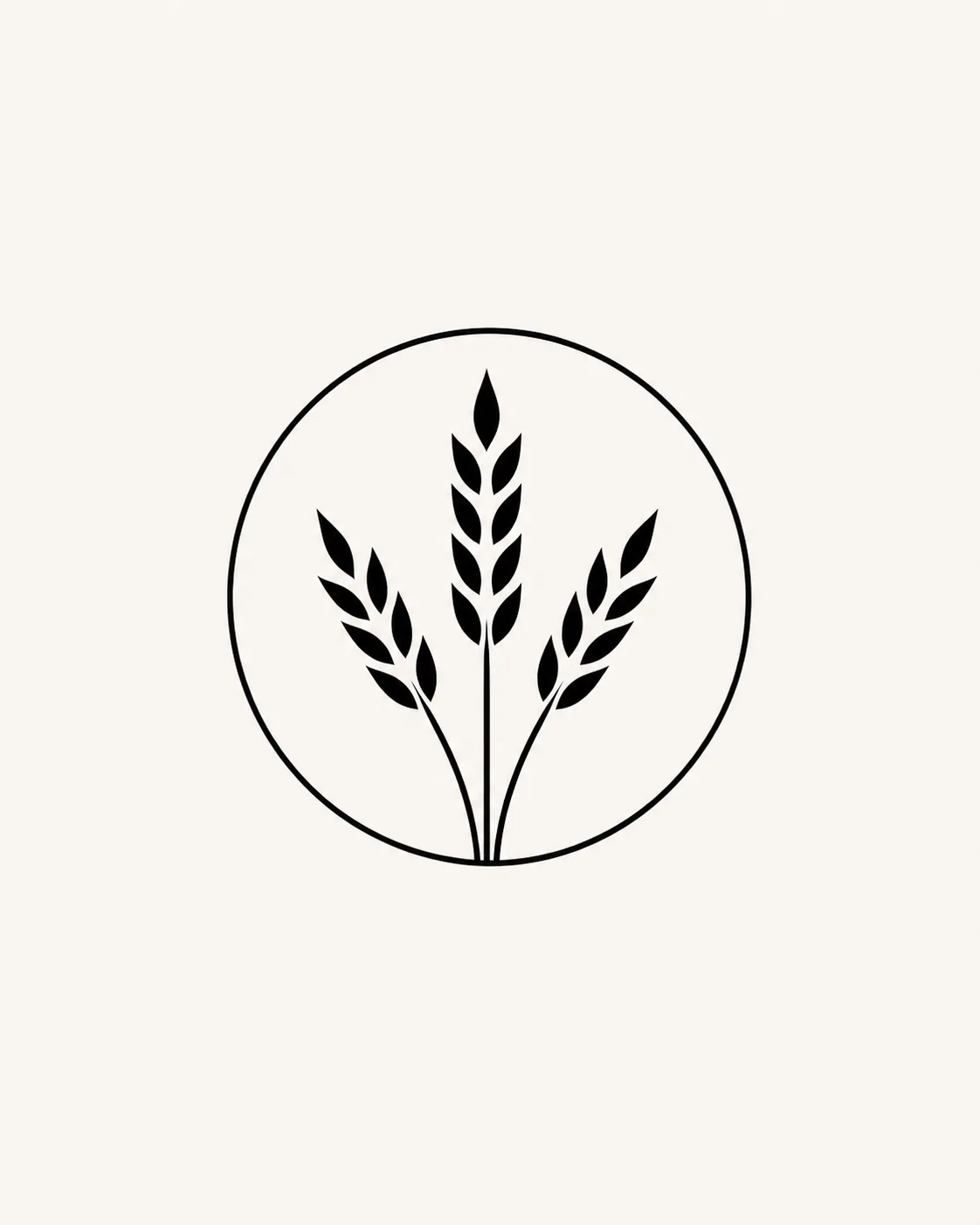 An original minimalist bakery symbol formed by three simple black wheat stems inside a thin circle, centered on an off-white 