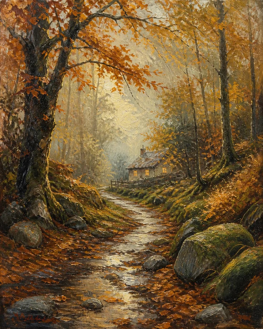 Oil painting of a path through an autumn woodland, golden, burnt-orange, and deep-green foliage, dappled sunlight, loose impr