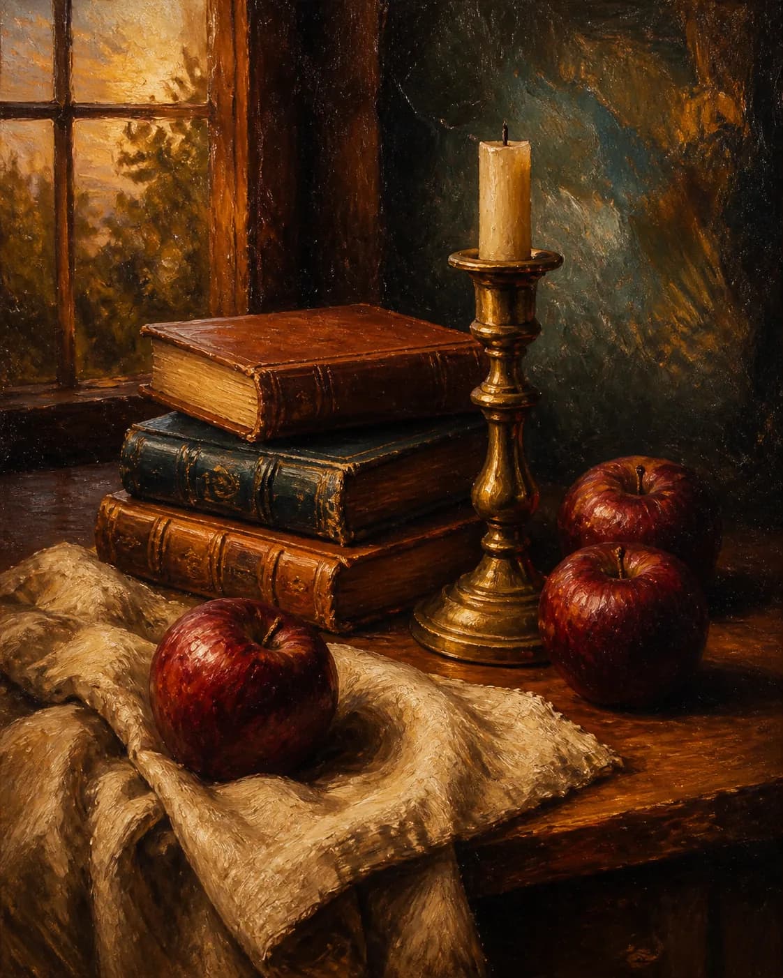 Warm oil still life of old books, red apples, and a white ceramic cup on a wooden table, soft morning light, an ochre-and-cre