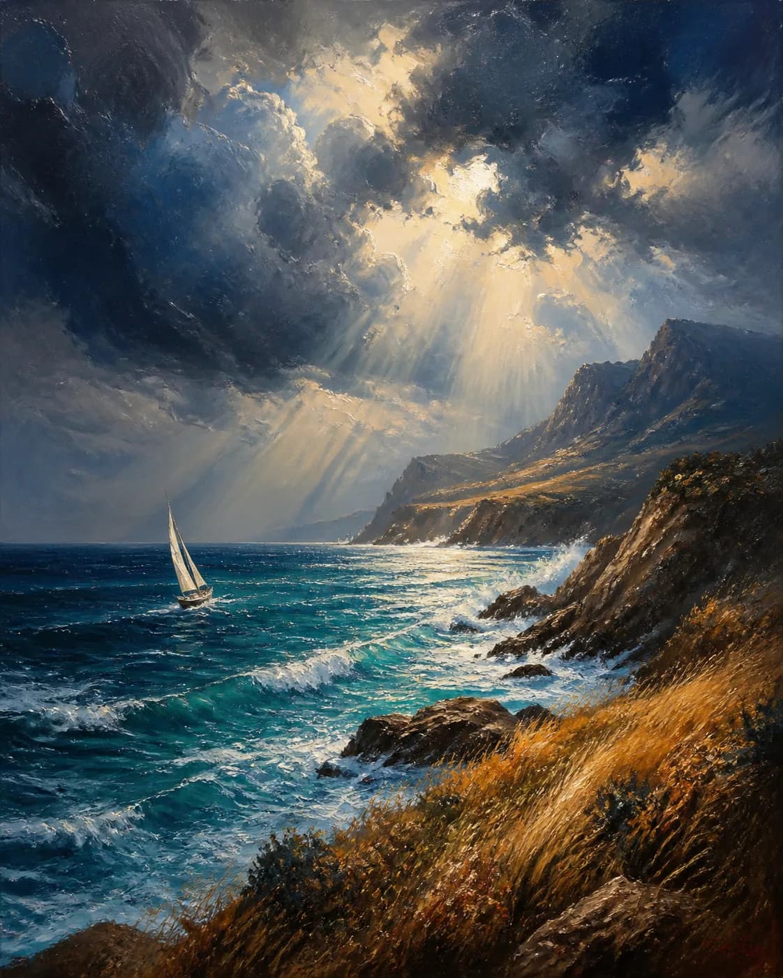 Oil painting of a rocky coast in wind and surf, a deep-blue sea, gray-white clouds pierced by sunlight, strong directional br