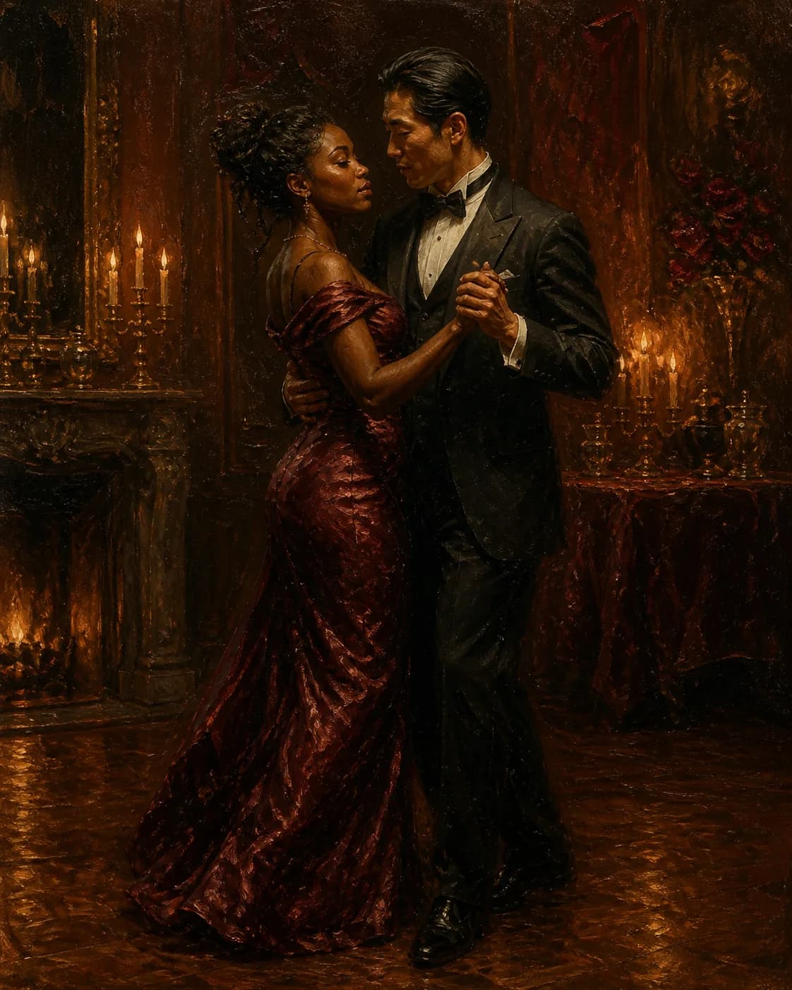 Classic oil painting of a fictional adult couple looking at each other by candlelight, a deep burgundy-and-gold palette, dram