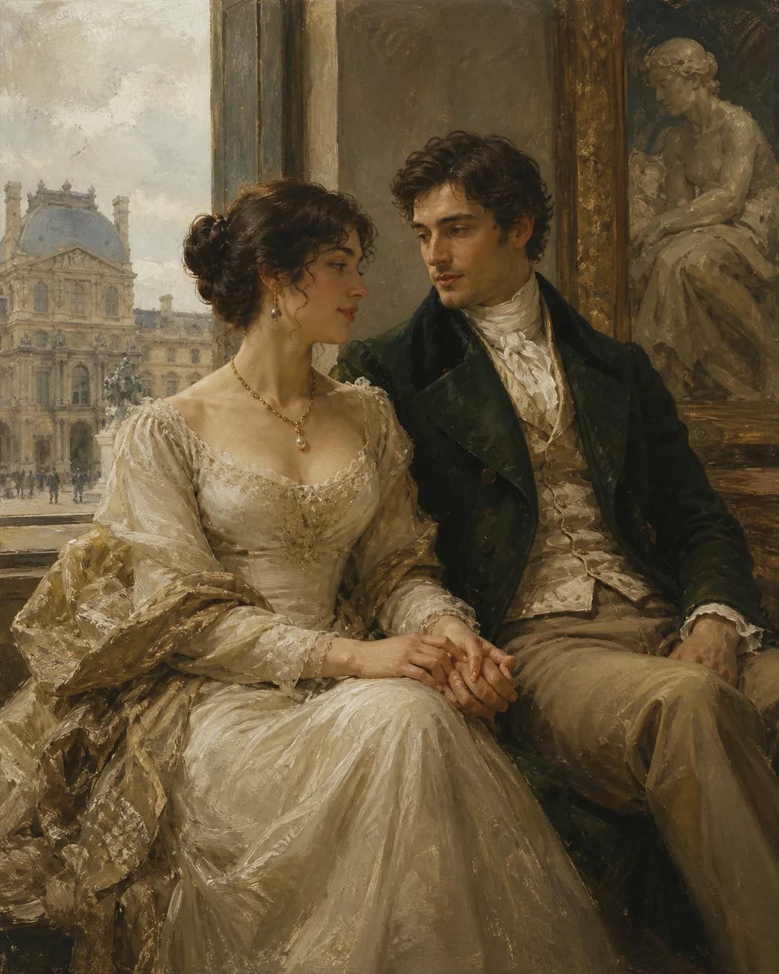 Oil painting AI prompt real output: Narrative oil painting of a fictional adult couple standing together in a classical art m