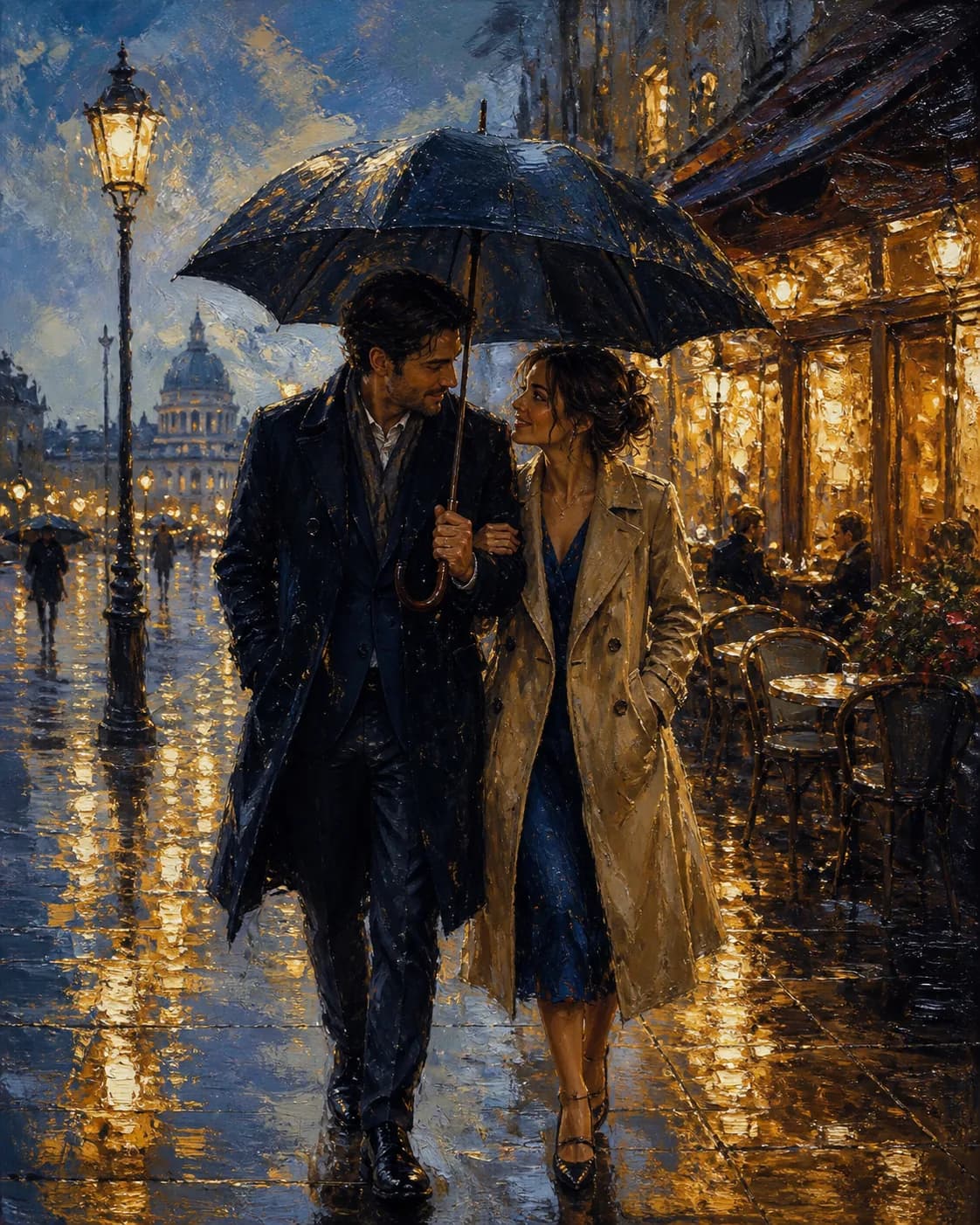 AI prompt for couples real output: Romantic oil painting of a fictional adult couple sharing one umbrella on a rainy street, 