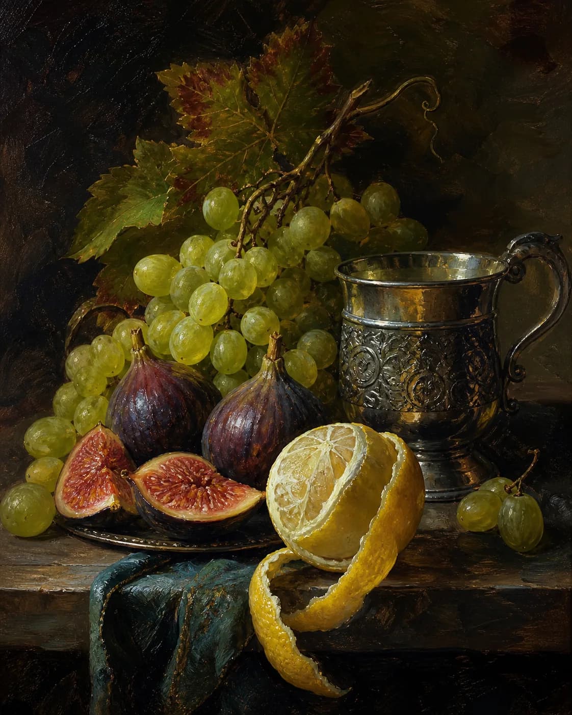 Dutch Golden Age-inspired still-life oil painting of grapes, pears, a metal cup, and folded linen on a dark table, dramatic s