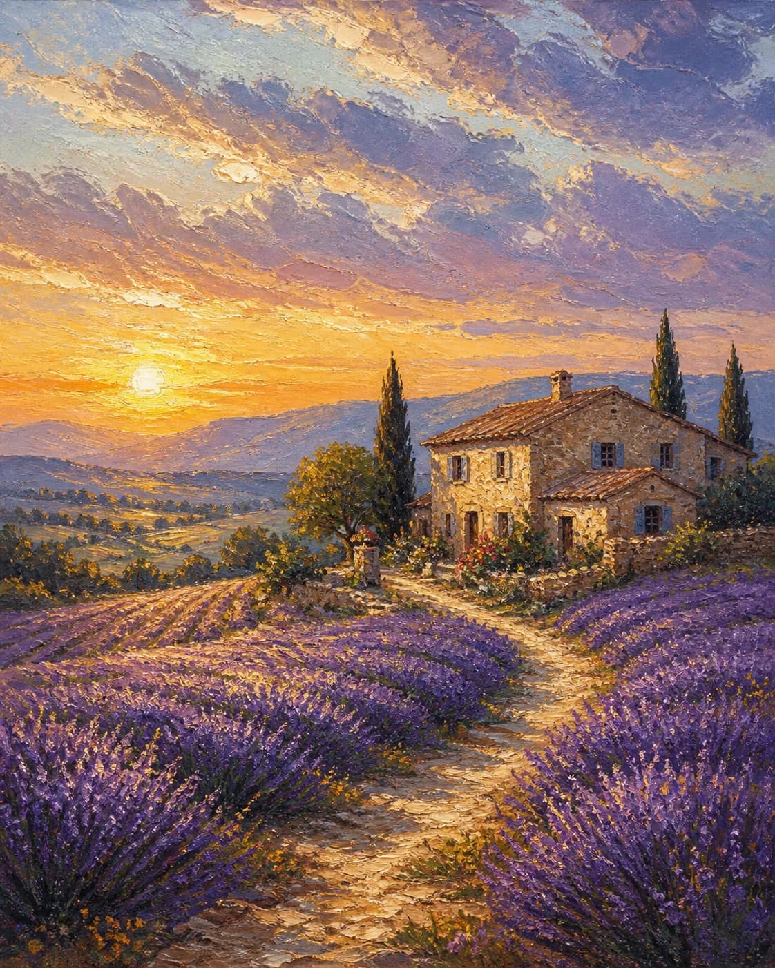 Impressionist oil painting of lavender fields leading toward distant hills, bands of violet flowers, a warm peach sky, soft l
