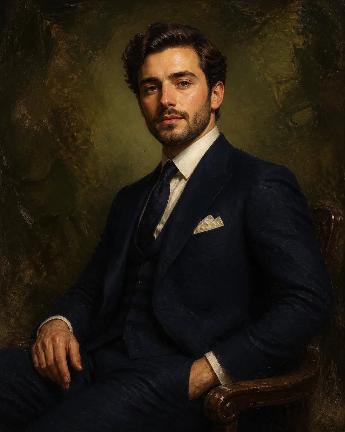 Oil painting portrait of a fictional adult man in a navy suit, warm gallery lighting, recognizable natural facial proportions