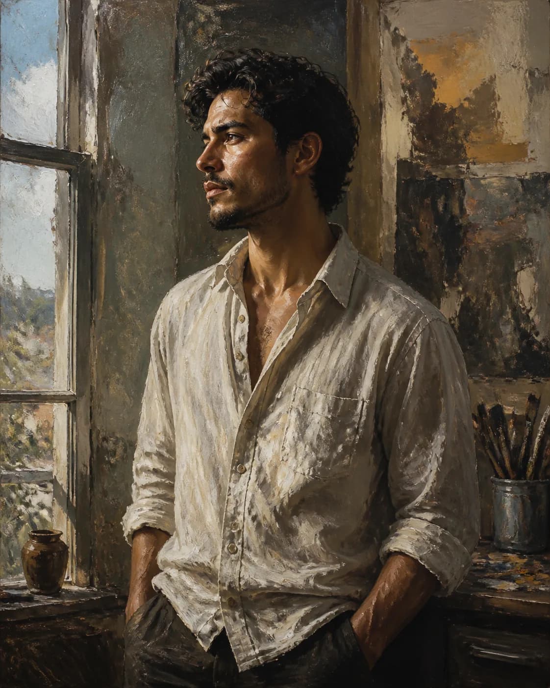 Expressive oil painting portrait of a fictional adult man in an artist studio with rolled sleeves, canvases and a wooden tabl