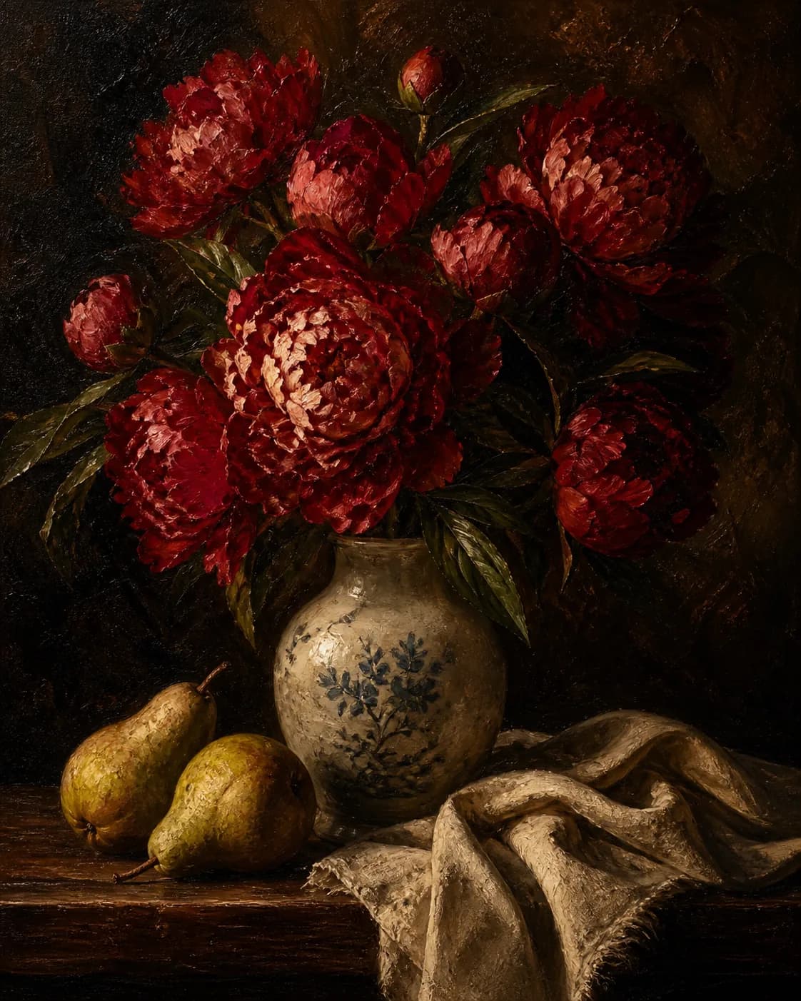 Classic still-life oil painting of blush and ivory peonies in a ceramic vase, a dark background, soft side light, impasto pet