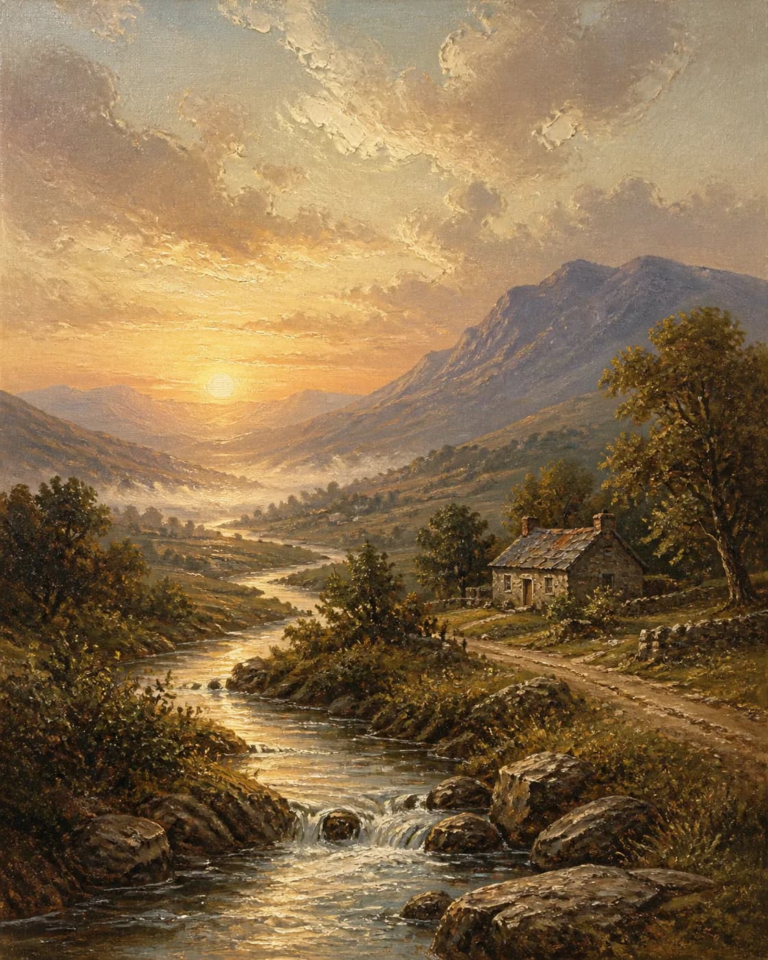 Traditional oil landscape of a mountain valley at golden evening, layered peaks, a winding river and meadow, broad expressive