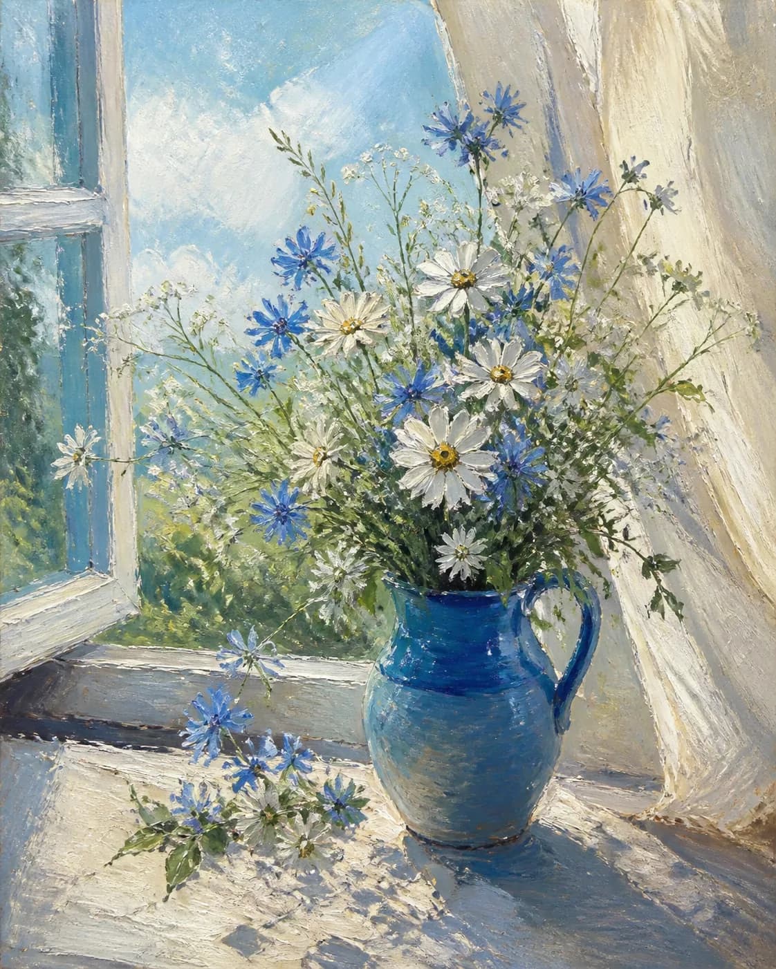 Airy oil still life of wildflowers in a simple glass bottle, a warm-white wall, natural window light, loose impressionist bru