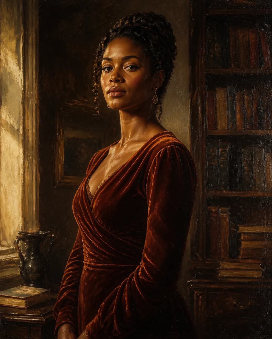 Narrative oil painting of a fictional adult woman reading in a wood-paneled library, a deep-green dress, warm lamplight, rich
